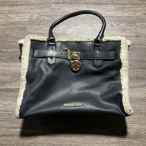 MICHAEL KORS Hamilton Fur Lock Key Leather Medium MD Satchel Black Limited